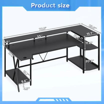 70.8'' Gaming Desk with LED Lights – Computer Desk with Storage Shelves, Monitor Stand, Power Outlets & Cup Holder