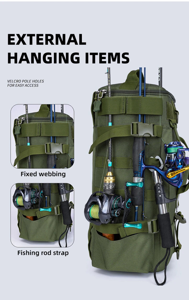 Tactical Fishing Backpack – Multifunctional Tackle Bag with Rod Holders, Molle Storage for Fishing, Camping & Hiking