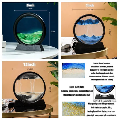 3D Round Glass Deep Sea Sandscape - Moving Sand Art Hourglass, Flowing Quicksand Craft Painting for Office and Home Decor