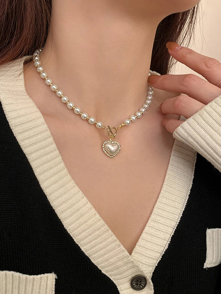 Elegant Pearl Necklace for Women – Heart Pendant Luxury Imitation Pearls Chain, Korean Jewelry Gift for Girls