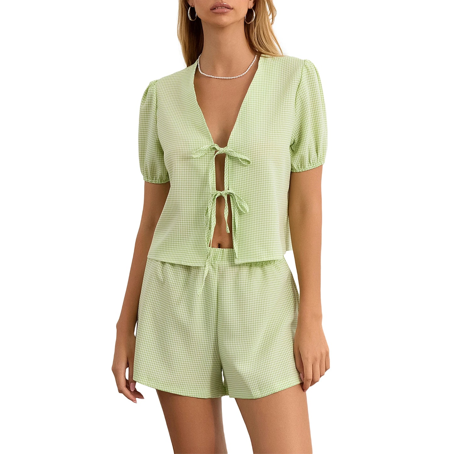 Maemukilabe Y2K Vintage Plaid 2-Piece Set for Women – Loose V-Neck Puff Sleeve Tie-Up Blouse & Shorts Lounge Matching Outfit