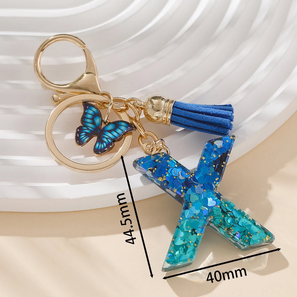 Royal Blue Butterfly Initial Keychain - Alloy Alphabet Letter & Tassel Backpack Charm