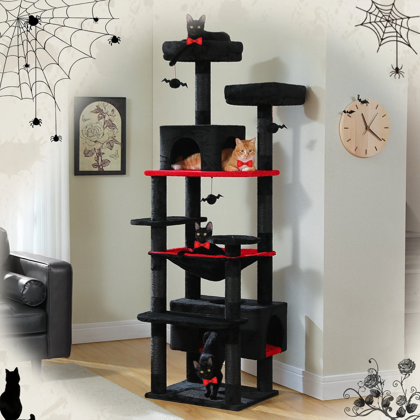Large Indoor Cat Tree Tower with Sisal Scratching Posts, Hammock, Padded Perches & Condos – Cat Toys and Activity Center