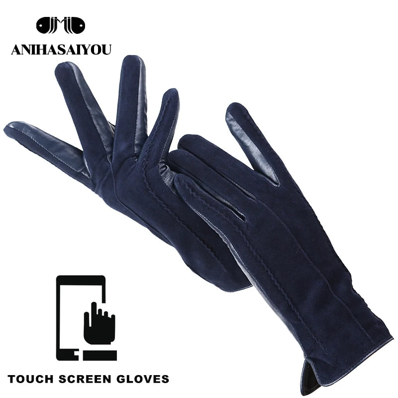 Women’s Winter Touch Gloves – 50% Genuine Leather & 50% Suede, Colorful Warm Leather Gloves