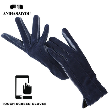Women’s Winter Touch Gloves – 50% Genuine Leather & 50% Suede, Colorful Warm Leather Gloves