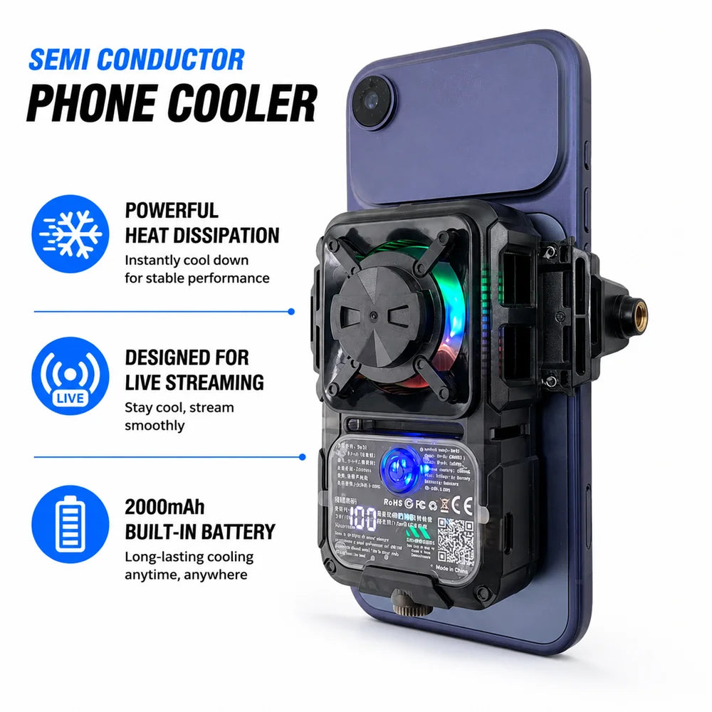 DL23 Semiconductor Phone Cooler - 2000mAh Temperature-Controlled Smartphone Cooler with Digital Display & Dual Mount Holes