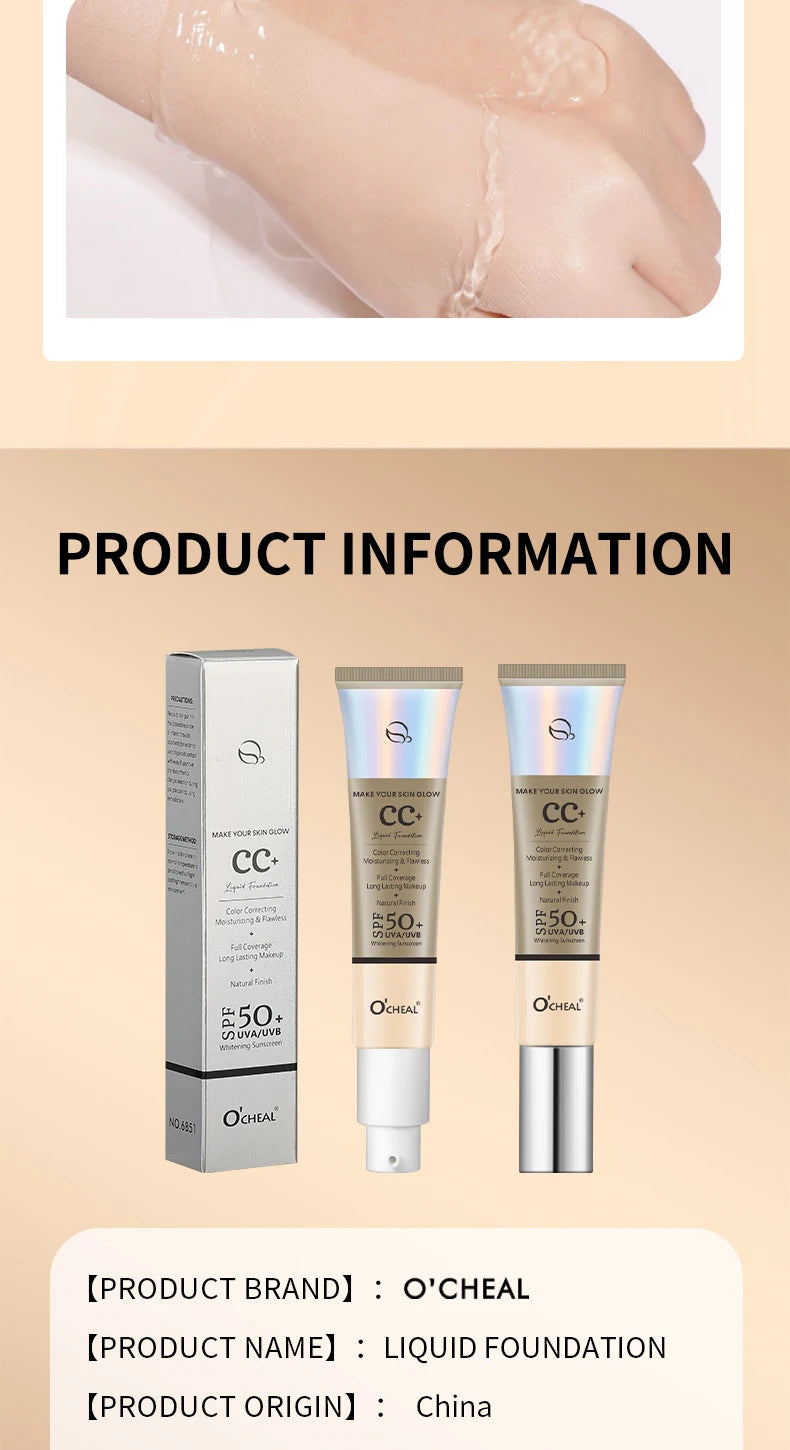 Ocheal 30g CC Cream Foundation – Waterproof Concealer, Moisturizing Sunscreen, SPF 50+, Long-Lasting Brightening Makeup Primer