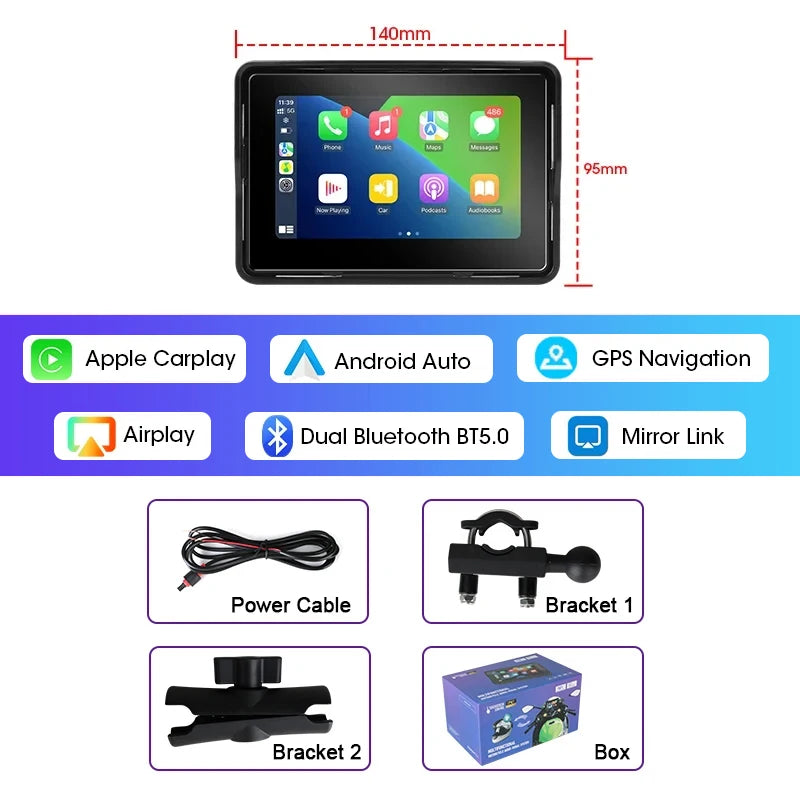 5/7 Inch Motorcycle CarPlay DVR Navigation GPS Monitor – Wireless Android Auto, Airplay, IPX7 Waterproof Portable Display