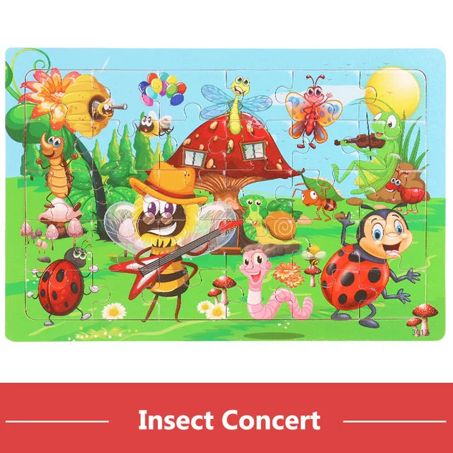 30PCS Montessori Wooden 3D Cartoon Animal Puzzle – Educational Jigsaw Board Game for Kids