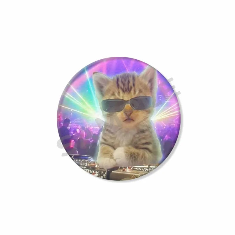 50mm Tinplate Cat Meme Button Pins – Funny Round Brooch Lapel Badge for Hats, Bags & Kids Gifts