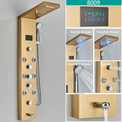 LED Light Bathroom Shower Faucet Set - Rainfall Shower Panel System with Temperature Display, Water Mixer Tap, and SPA Massage Feature
