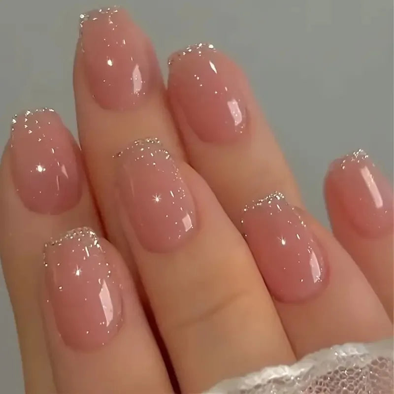 24PCS Short Press On Nails - Shimmer Ballet French Full Cover Artificial Nail Tips for Daily Manicure Style