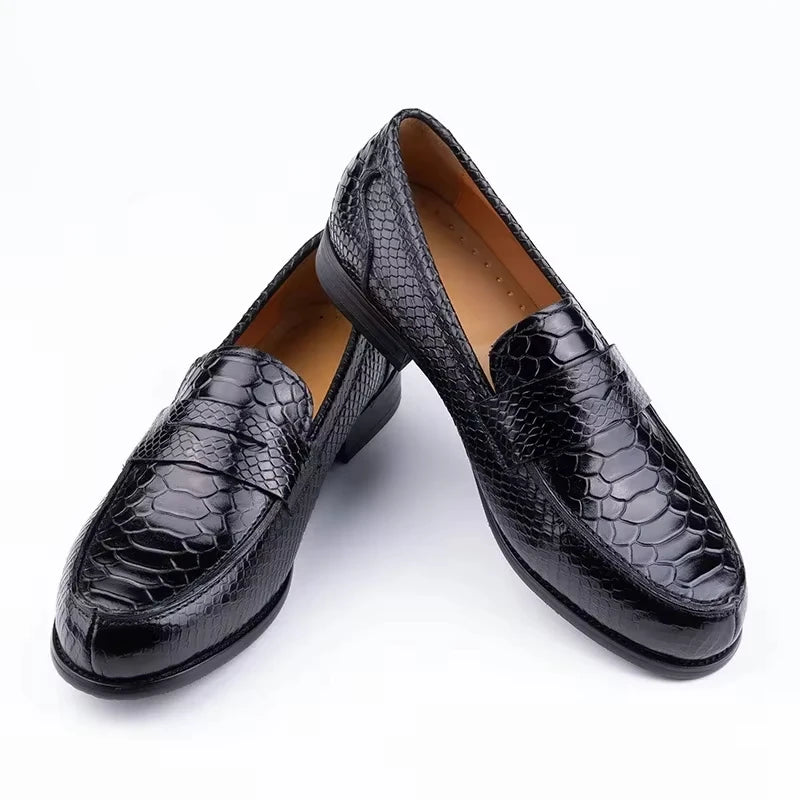 Men’s Genuine Leather Snake Print Penny Loafers - Handcrafted Slip-On Driving, Business & Formal Shoes