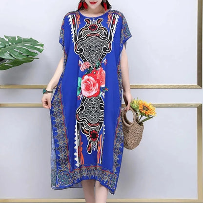 Women’s Bohemian Floral Tunic Dress - Retro Ethnic Print Batwing Sleeve Loose Summer Maternity Streetwear