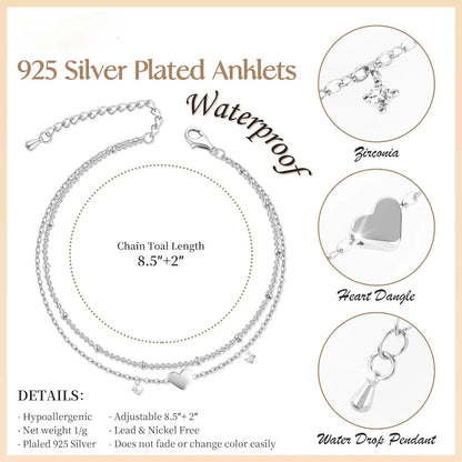 925 Silver Plated CZ Anklet Bracelet – Waterproof Heart Charm Dainty Layered Chain Anklet for Women & Girls Jewelry Gift
