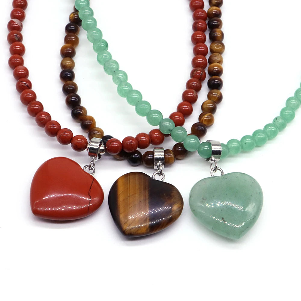 Heart-Shaped Gemstone Bead Chain Necklace - Lapis Lazuli and Amethyst Healing Crystal Pendant for Women and Girls