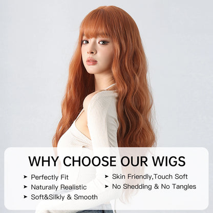 Copper Ginger Red Brown Synthetic Wig – Long Fluffy Wavy Wig with Bangs, Heat-Resistant Cosplay & Daily Wear Hair for Women