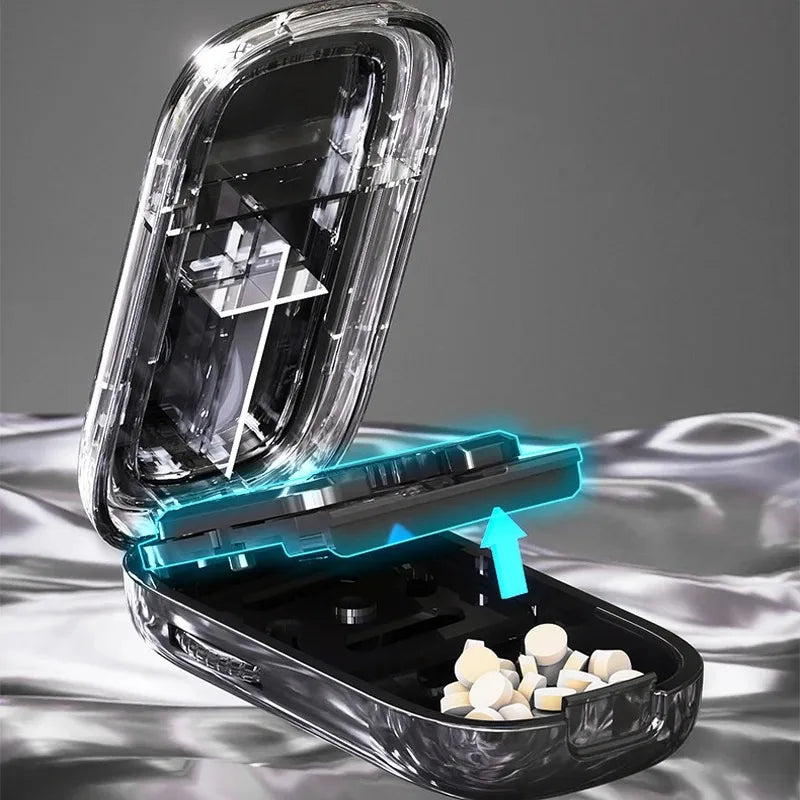 Quartering Pill Cutter & Storage Box – Portable Dustproof Medicine Tablet Crusher with Divider Organizer