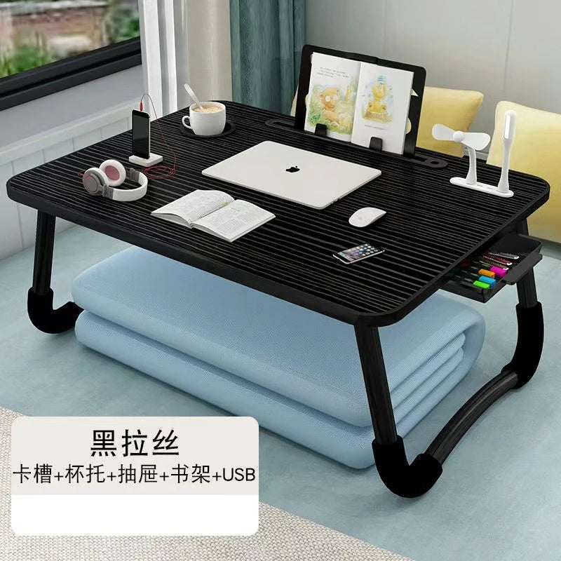 Foldable Laptop Desk for Bed & Sofa – Portable Lap Table with Cup, Book Holder, Drawer, and USB Slot
