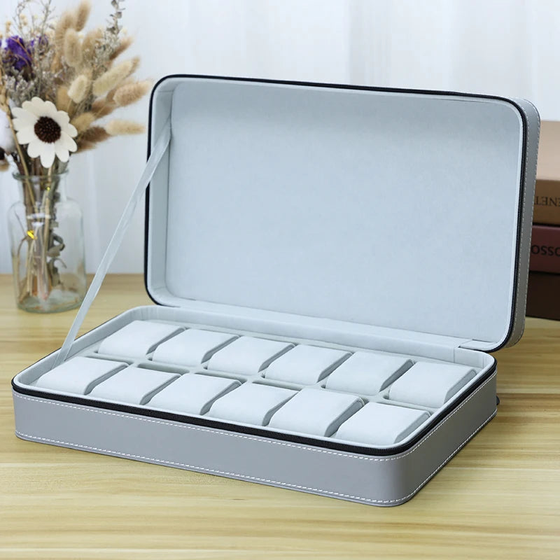 Portable Watch Storage Box Organizer - 6/10/12 Grid Zipper Display Case for Watches & Accessories