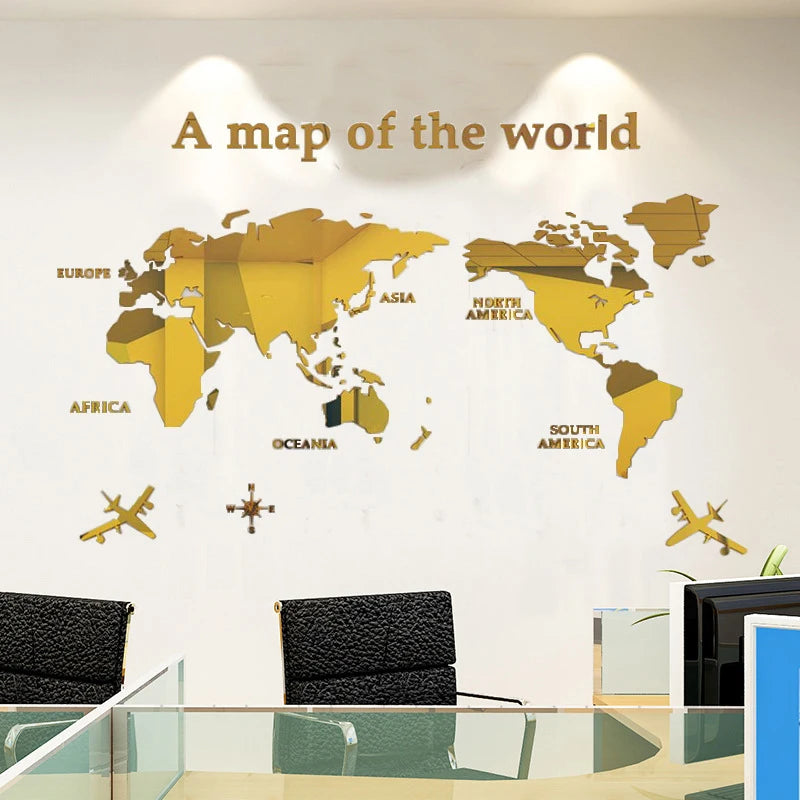 3D Acrylic World Map Wall Stickers – Three-Dimensional Mirror Decals for Bedroom & Office Decoration