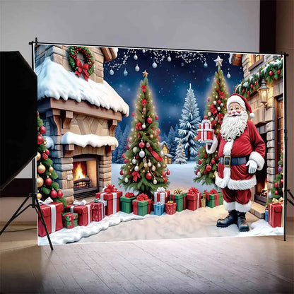 MOON.QG Christmas Santa Claus Village Backdrop – Holiday Photo Studio Background with Trees & Gifts for Home Decoration