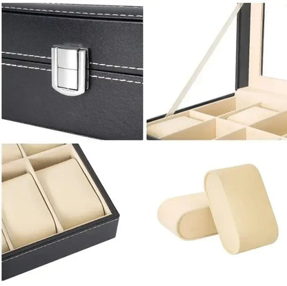 PU Leather Watch Display Box — Glass Top Storage Organizer with Slots for Men’s Watches, Perfect Gift