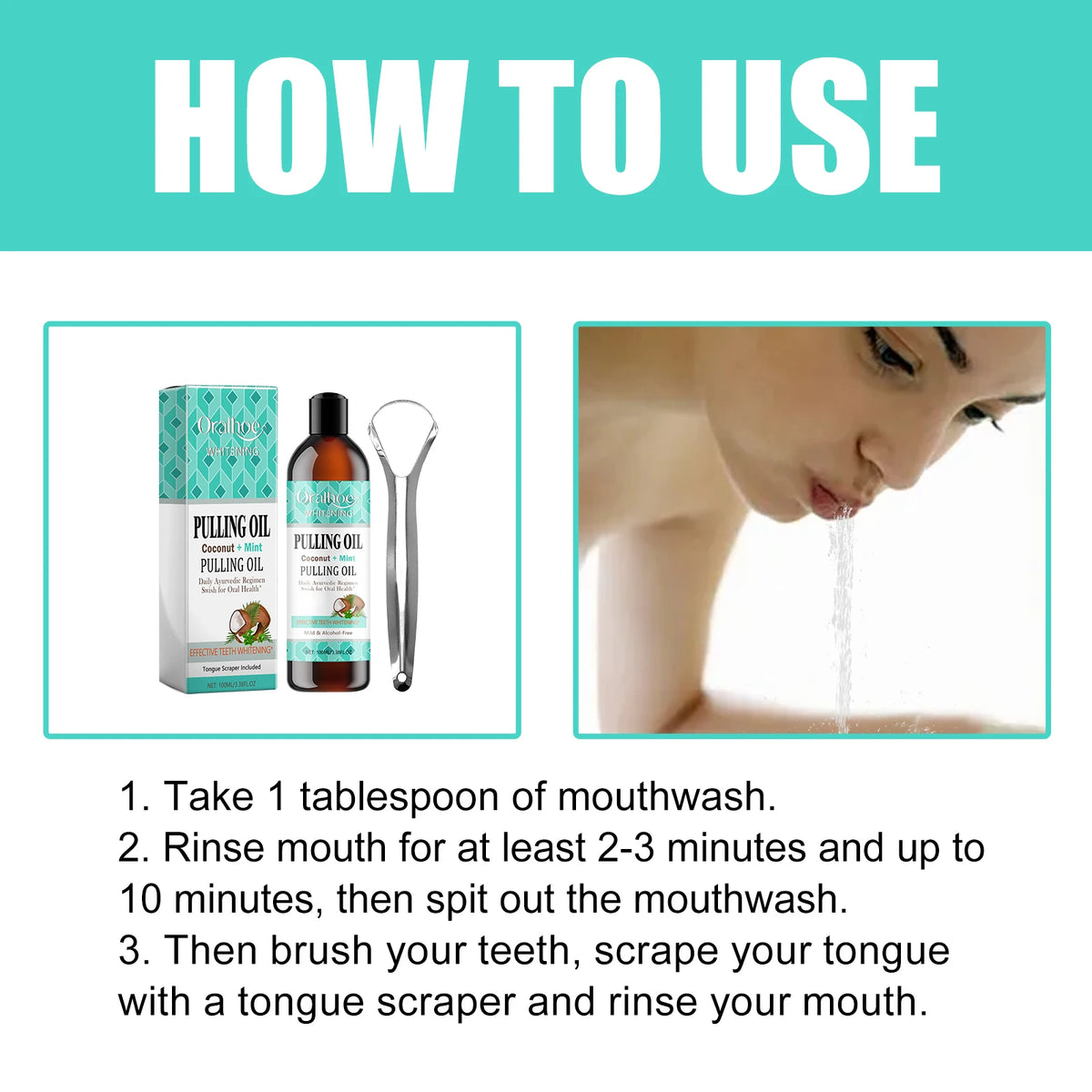 Coconut Mint Oil Pulling Mouthwash Kit - Fresh Breath Oral Care Set with Tongue Scraper for Daily Hygiene