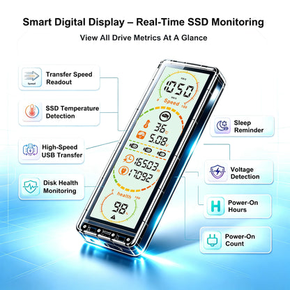 10Gbps M.2 SSD Enclosure - USB 3.2 Gen2 Type-C External Case with Smart Display for NVMe & SATA Drives