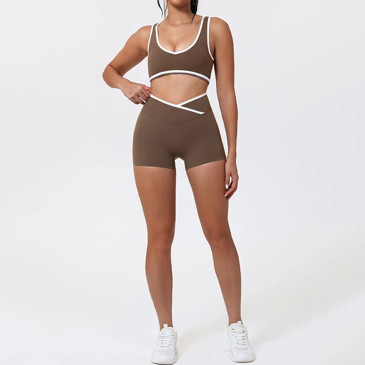 Women's 2-Piece Yoga Set – Color Block Sports Bra and Fitness Shorts Outfit for Summer Workout & Gym