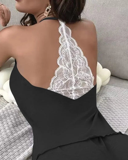 Women's Crochet Lace Pajamas Set – Sleeveless V-Neck Two-Piece Sexy Summer Sleepwear Homewear