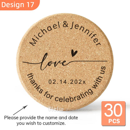 30-Piece Personalized Cork Coaster Set - Custom Tie Design Wedding Favors, Bridal Shower Gifts and Corporate Party Keepsakes