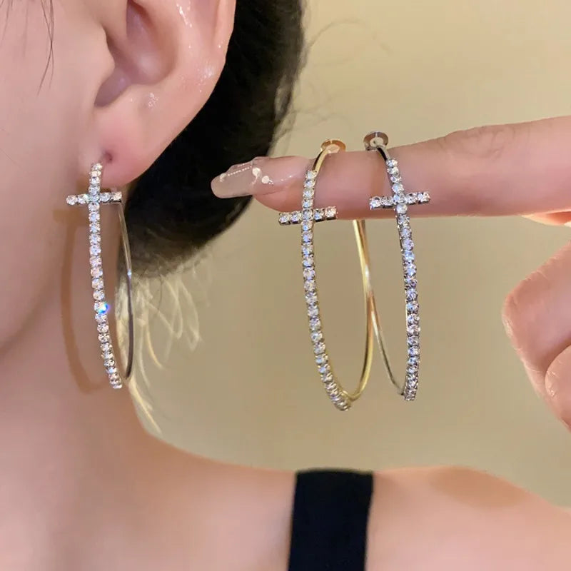 Women’s Shiny Large Circle Cross Hoop Earrings – Rhinestone Geometric High-End Fashion Jewelry