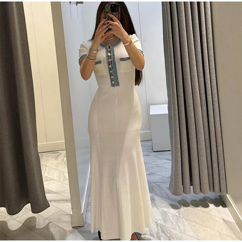 Elegant Denim Patchwork Knitted Long Dress – Women’s V-Neck Short Sleeve Bodycon with Buttons & Pockets