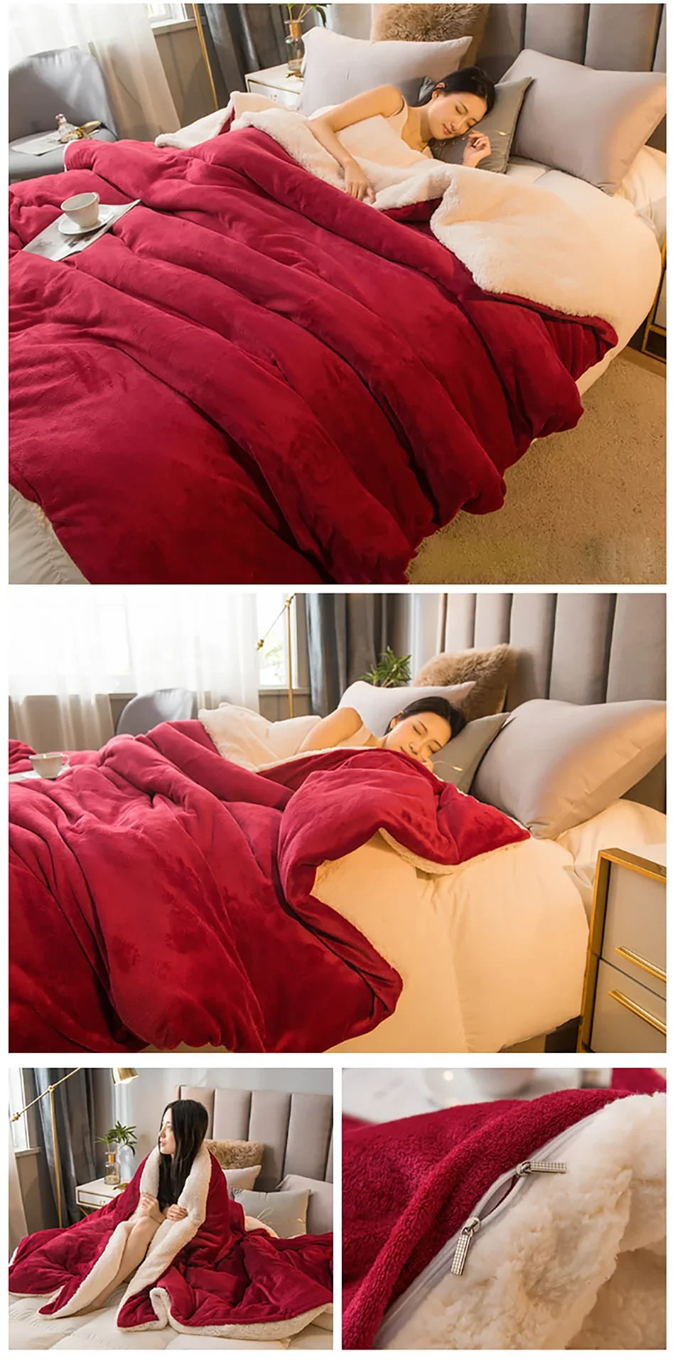 Wool Throw Blanket – Double-Sided Warm Winter Bedspread for Queen Beds & Camping