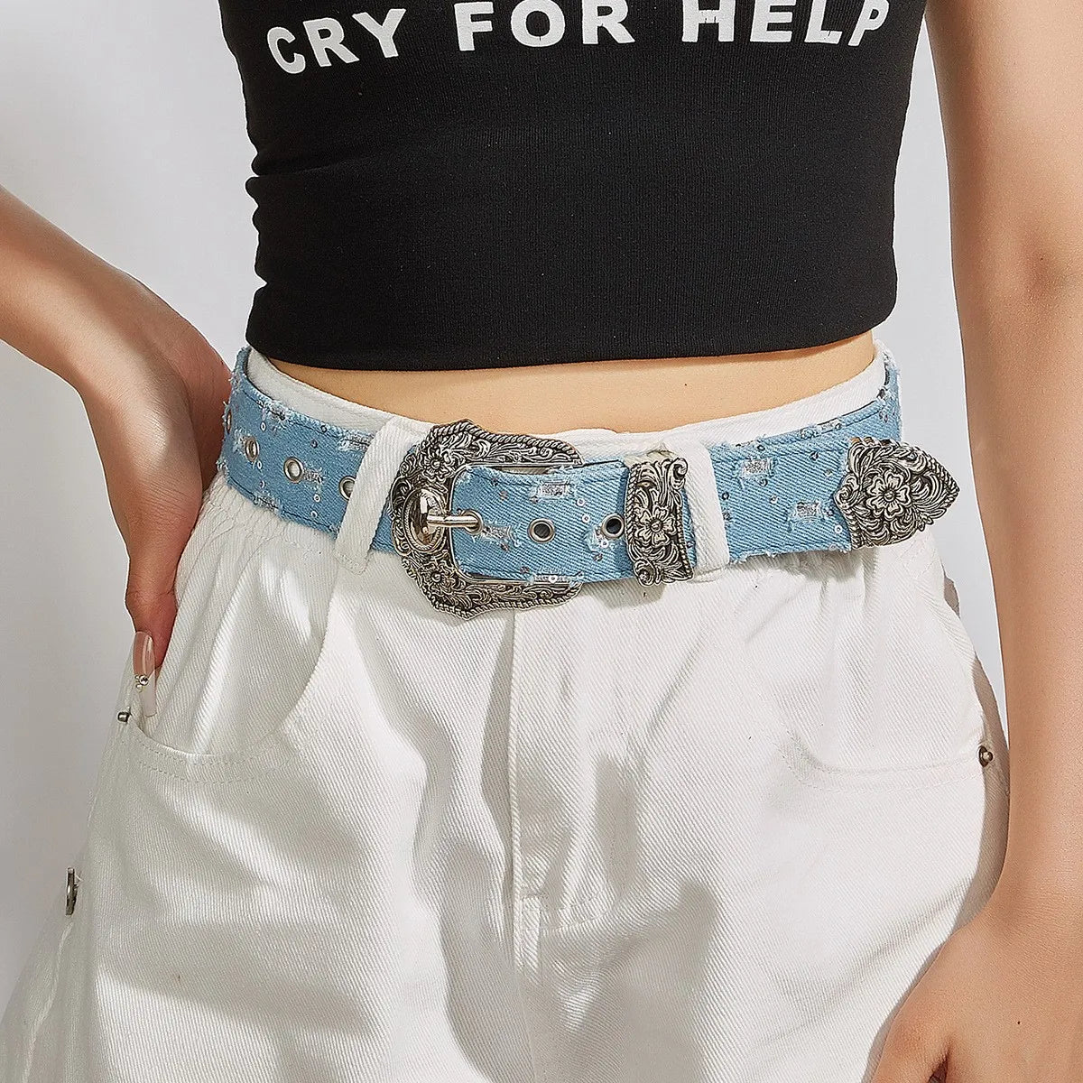 Rhinestone Buckle Belt - Retro Ripped Denim Punk Rock Fashion Accessory for Men & Women