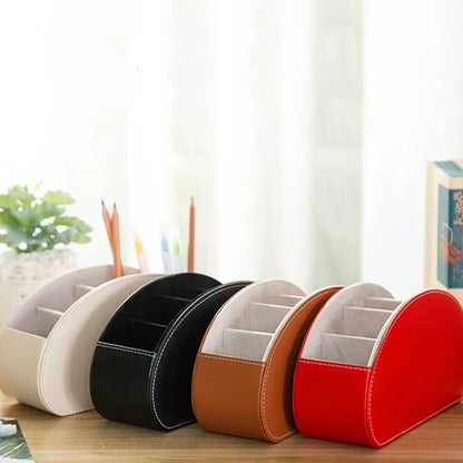 5-Grid PU Leather Desk Organizer: Remote Control and Phone Holder with TV Holder and Cosmetic Brush Storage Box