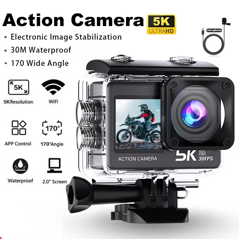 5K Action Camera – 4K60FPS, EIS, Dual Screen, 170° Wide Angle, 30M Waterproof Sport Camera with Remote Control