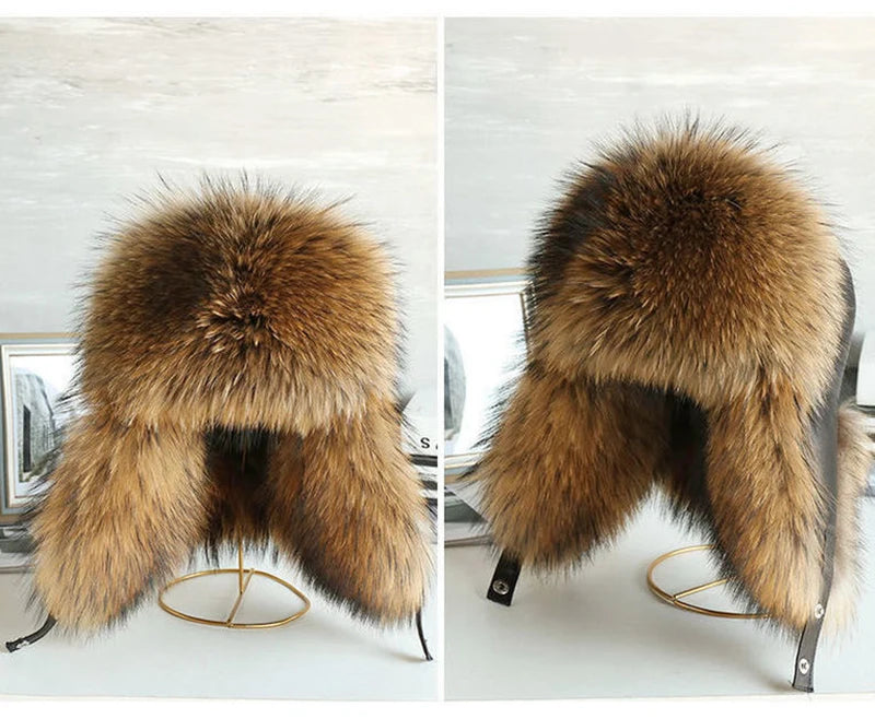 Natural Raccoon & Fox Fur Russian Ushanka Hat – Women’s Black Winter Bomber Cap with Ear Flaps