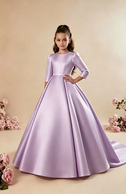 Girls First Communion Satin Dress - Long Sleeve A-Line Princess Gown for Weddings & Parties