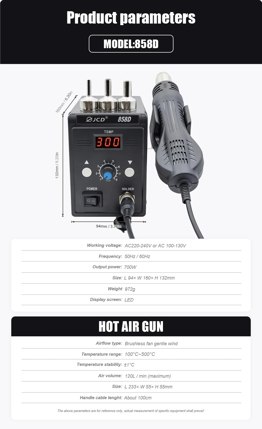 JCD Hot Air Gun 858D – 700W BGA Rework Solder Station, SMD SMT Welding Heat Gun, 220V/110V Repair Tool
