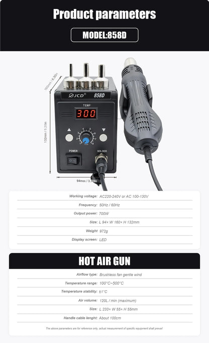 JCD Hot Air Gun 858D – 700W BGA Rework Solder Station, SMD SMT Welding Heat Gun, 220V/110V Repair Tool