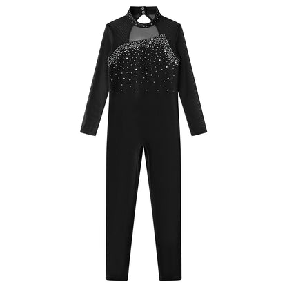 Kids Girls Long Sleeve Rhinestone Bodysuit — Full Body Dancewear Gymnastics Leotard Skating Jumpsuit
