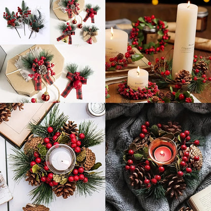 10pcs Artificial Pine Cones & Red Berries – Christmas Tree Toppers & Holiday Decor Set