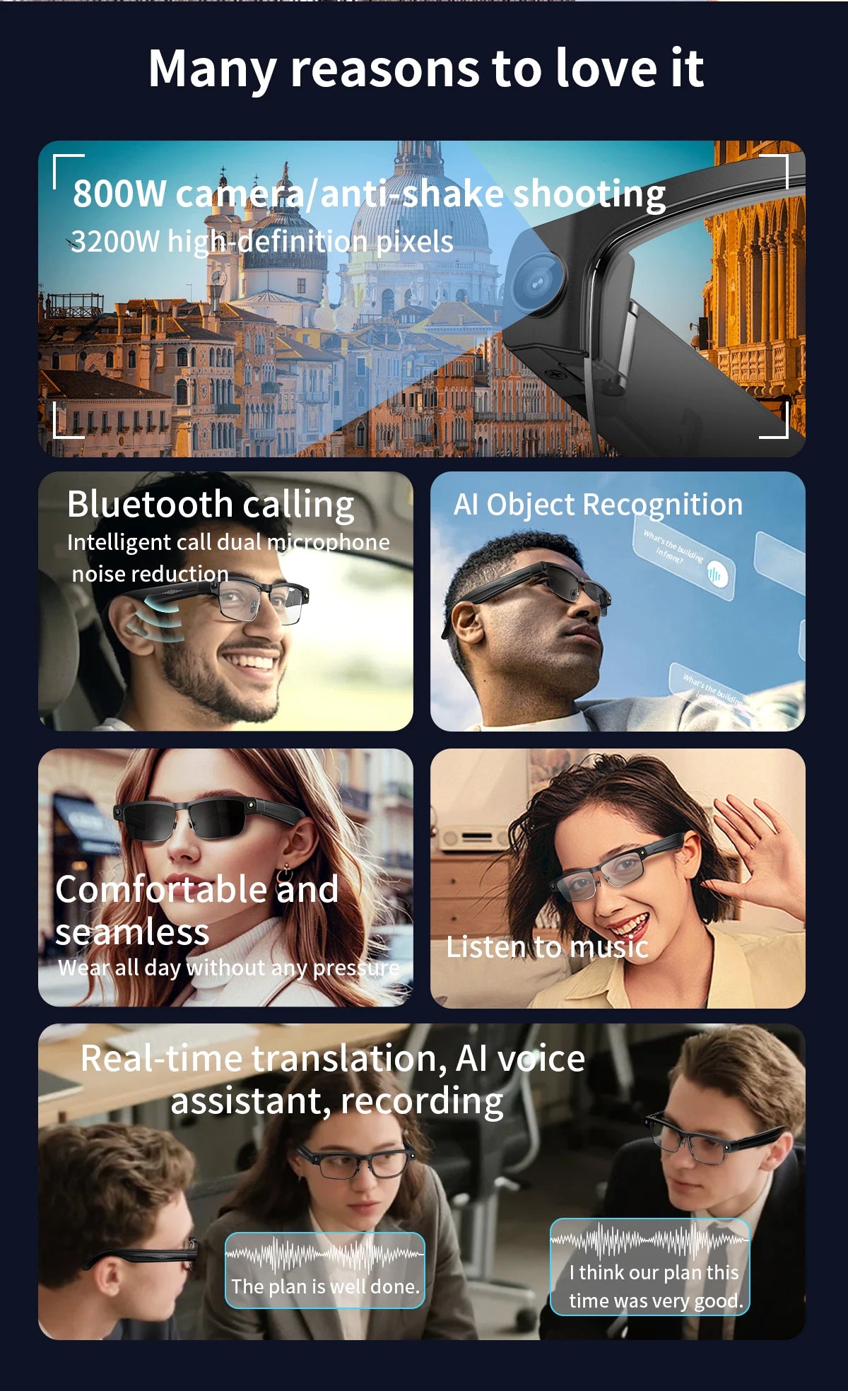 AI Smart Camera Glasses — 8MP with Bluetooth for Calls & Music, Object Recognition, and AI Translation
