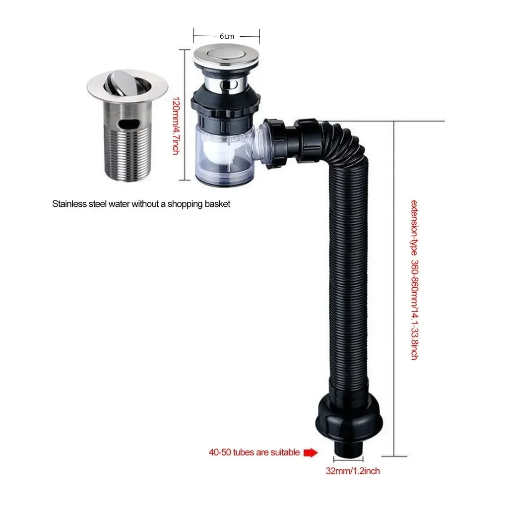 Flip-Top Kitchen Sink Drain with Retractable Deodorizing Filter - Anti-Clogging Flexible Downspout Bathroom Sink Accessory