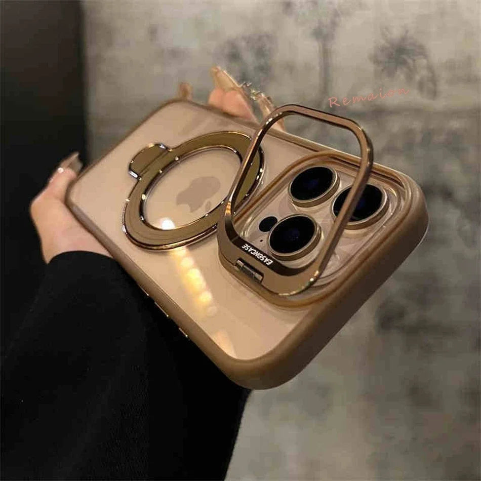 Luxury Magnetic Ring Stand Clear Case with Glass Lens Protection for iPhone 11–16 Pro Max & Plus – MagSafe Compatible Cover