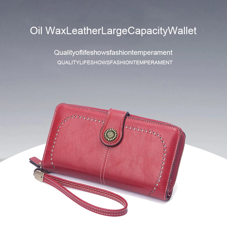 Vintage Large Capacity Women's Purse – Monochromatic Multi-Card Long Wallet with Zipper & Wrist Strap
