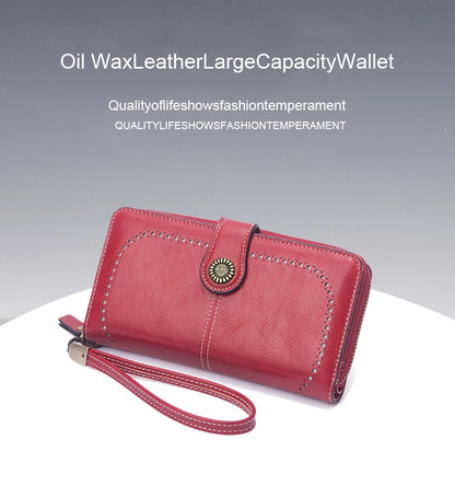 Vintage Large Capacity Women's Purse – Monochromatic Multi-Card Long Wallet with Zipper & Wrist Strap