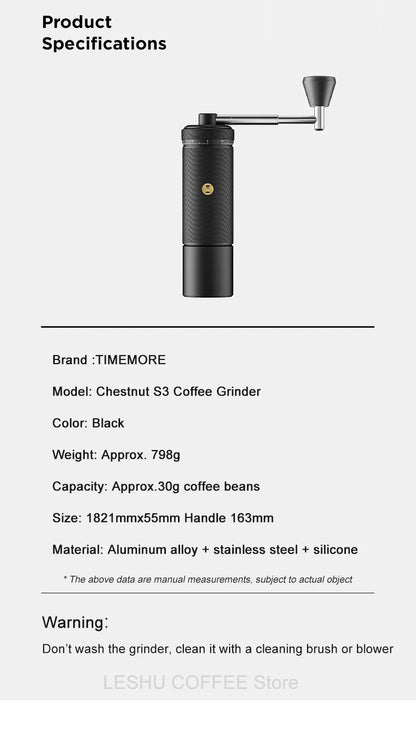 TIMEMORE Chestnut S3 Manual Coffee Grinder — Precision 0.015mm Adjustment Burr Mill for Espresso & Hand Grinding